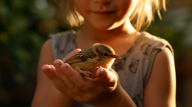 Child girl gently holding a small bird in her hands , animal protection concept