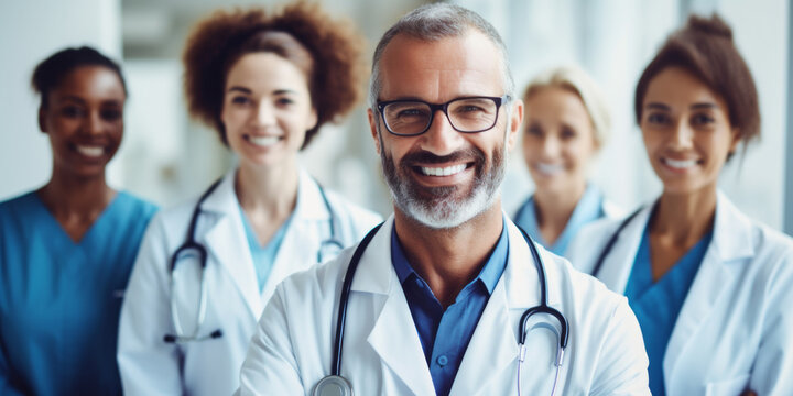 Hospital medical team banner with group of smiling healthy doctors and nurses