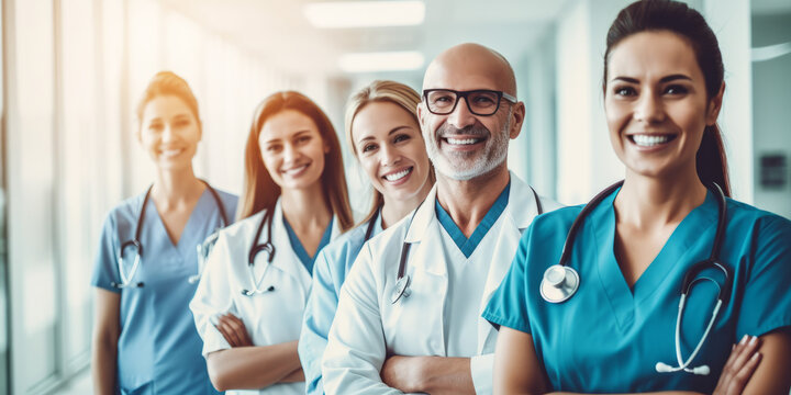 Hospital medical team banner with group of smiling healthy doctors and nurses