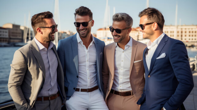 Group of successful adults men friends smiling, healthy rich 40 year old men in an harbor , casual chic clothing