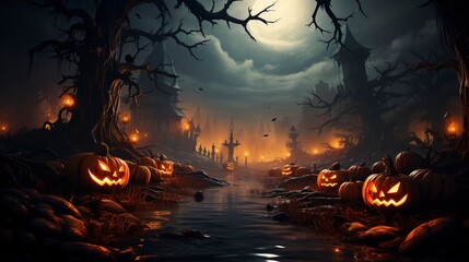 16:9 aspect ratio spooky halloween background wallpaper with scary haunted castle and trees