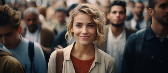 Banner with a young beautiful woman looking at camera in middle of a big crowd of people