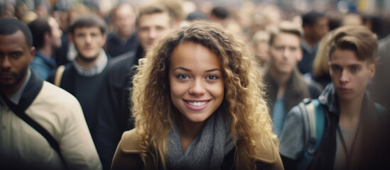 Banner with a young beautiful woman looking at camera in middle of a big crowd of people