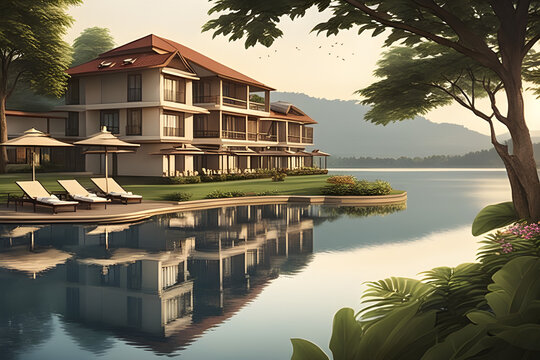 A serene waterfront resort with a tranquil lake. Travel Ad Concept. Generative AI.