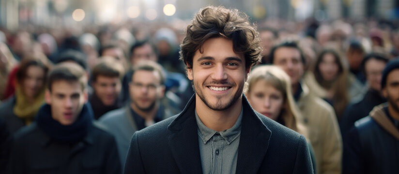 Banner with a young handsome man looking at camera in middle of a big crowd of people