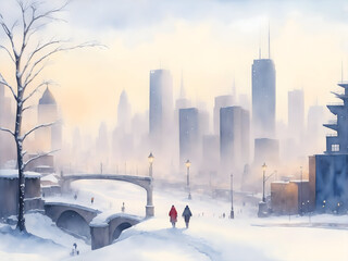 Obraz premium Winter watercolor city view 