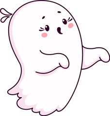 Cartoon Halloween kawaii cute ghost character with mischievous face and raised arms playfully saying boo, while trying to frighten. Vector charming, spooky and adorable spirit flying at holiday night