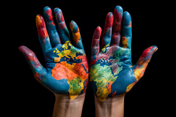 A colorful world map painted on both palms