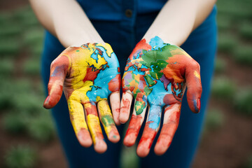 A colorful world map painted on both palms