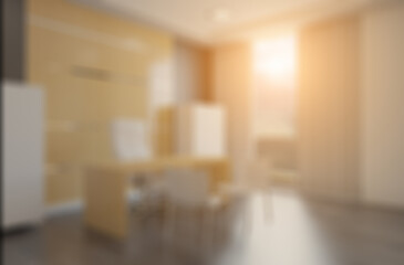 Open space office interior with like conference room. Mockup. 3D. Abstract blur phototography.