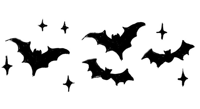 Hand drawn illustration border of black vampire bats in dark night sky. Halloween creepy spooky horror concept flying gothic design wildlife, mystery monster animal. minimalist print in monochrome.