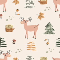 Seamless pattern with cartoon moose, trees, decor elements. Childish texture for fabric, textile, apparel, nursery decoration. Hand drawn vector illustration.