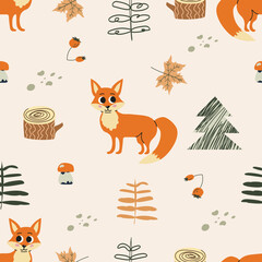 Cute seamless pattern with fox, mushrooms,stump and trees.For kids fabric, wrapping, textile, wallpaper, apparel. Hand drawn vector illustration.  © Loya.art