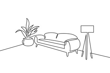 Living room in continuous line art drawing style. Modern living room interior with sofa, floor lamp and pot flower. Home furniture black linear design isolated on white background. Vector illustration