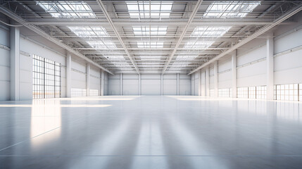A modern, white warehouse interior, devoid of any items.. - obrazy, fototapety, plakaty
