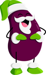 Cartoon eggplant vegetable character in elf hat. Winter season holiday, Christmas greeting or merry Xmas cute vegetable isolated vector personage. Happy New Year celebration funny eggplant character
