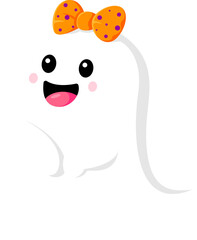 Cartoon Halloween kawaii ghost girl with hair bow, horror night holiday vector funny character. Cheerful flying Halloween boo ghost happy smiling baby with orange hair bow for trick or treat party