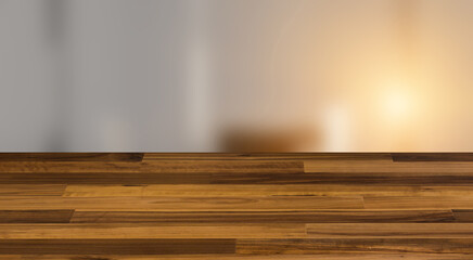 Furniture set with table, chairs and devices. 3D rendering. Sunset., Background with empty wooden table. Flooring.