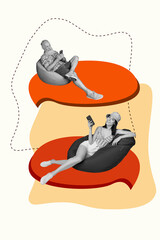 Vertical collage picture of two black white colors mini people chill beanbag inside huge dialogue bubble use smart phone chatting