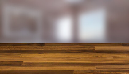 Clean and fresh bathroom with natural light. 3D rendering., Background with empty wooden table. Flooring.