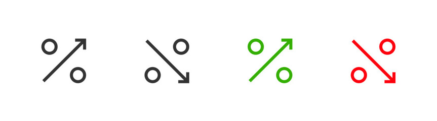 Percent with arrow icon set. Up and down pictogram. Vector isolated illustration 