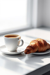 Coffee cup and fresh croissant on white background. Healthy eating and sweet food concept. french breakfast.