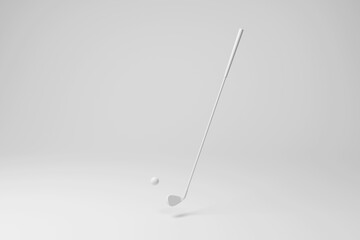 Golf club and golf ball with shadow on white background in monochrome and minimalism. Illustration of the concept of sports, competition and leisure