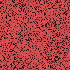 Spiral seamless pattern. Black on red background. Lines