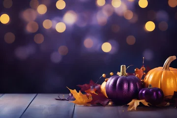 Poster purple and golden pumpkins with fall leaves and decorations on wooden ground in front of a bokeh background with space for text © Tina