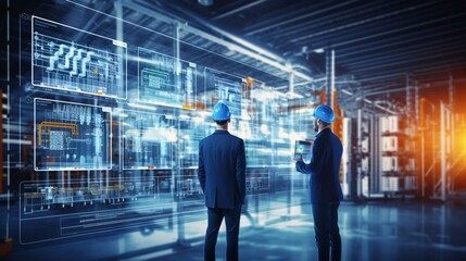 Obraz premium Factory Digital Transformation: Engineers Employ Tablets, Dive into Big Data, and Elevate High-Tech Electronics Manufacturing in Industry 4.0
