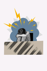 Image picture collage of stressed girl sitting crying bully abuse hiding covering face isolated on...