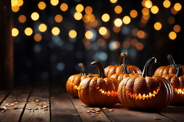 Halloween orange pumpkins on a wooden table on a bokeh glowing background