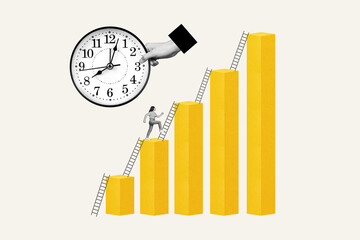 Poster retro pop picture collage of ambitious woman going upstairs career success isolated on drawing white background
