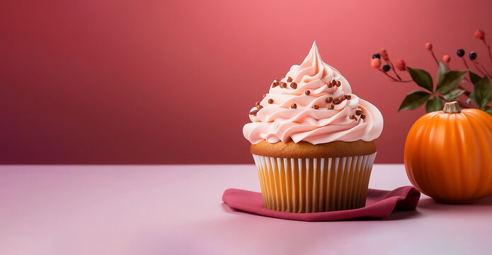 pampkin cupcake on a pink background