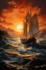 Obraz premium Hand-drawn sailboat on the waves