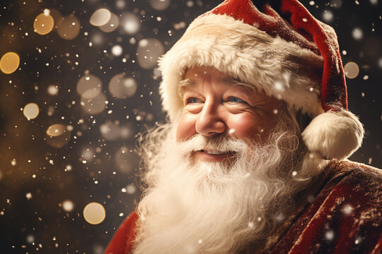 Santa Claus close up portrait with a golden bokeh background