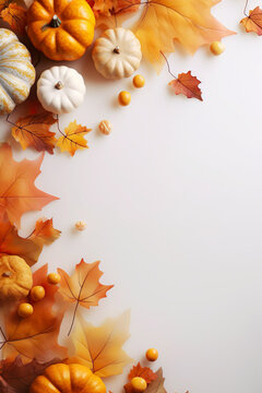 pumpkins with fall leaves on white ground, natural light, fall background with space for text