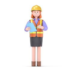 3D illustration of a Female engineer Pam looking at ipad and chatting. Portraits of cartoon characters talking and typing on the ipad. Communication in social networking, mobile connection. 3D renderi