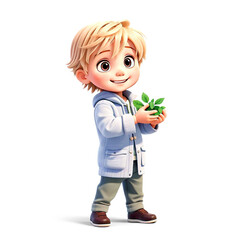 Full-length boy. A little fair-haired boy is smiling and holding green leaves in his hands. Ecoactivist. The boy is cleaning. Isolated on transparent background. 3d. png