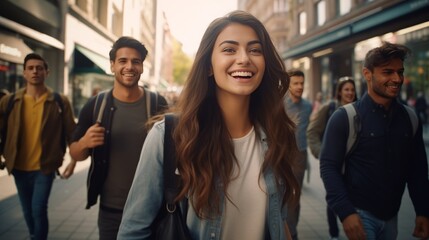 Obraz premium A crowd of people walking on a busy city street