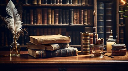 In an ancient library, a wooden desk adorned with old books, a quill pen, and a vintage inkwell awaits