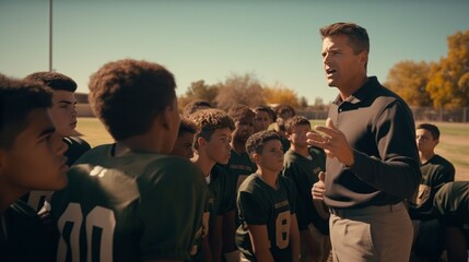 A football coach giving instructions to his team during a game on the football field
