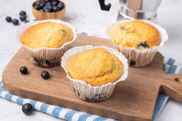 Blueberry muffins with fruits over wooden board