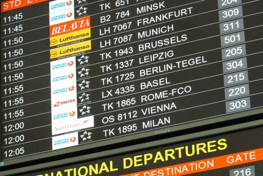 Istanbul, Turkey, April, 24, 2013, Big display in international airport with names of flights and cities, Istanbul Airport Departure Board