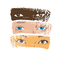	T-shirt design of three pairs of eyes of women of different races. Asian; black and European woman eyes. Femnist vector illustration