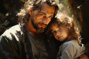 Obraz premium portrait of jesus with little girl in arm