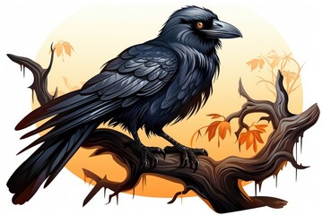 Fototapeta premium Large raven or crow sitting on tree branch. Black bird cartoon illustration for Hallowen on white background.