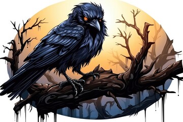 Large raven or crow sitting on tree branch. Black bird cartoon illustration for Hallowen on white background.