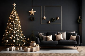 christmas scene with christmas tree and decorations with simple furniture in black living room looks attratcive and special for christmas.