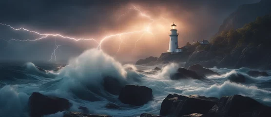 Poster Wide-angle shot of a luminous lighthouse on a rock in a stormy sea against the backdrop of thunderclouds with flashes of lightning. Dramatic seascape. © Valeriy